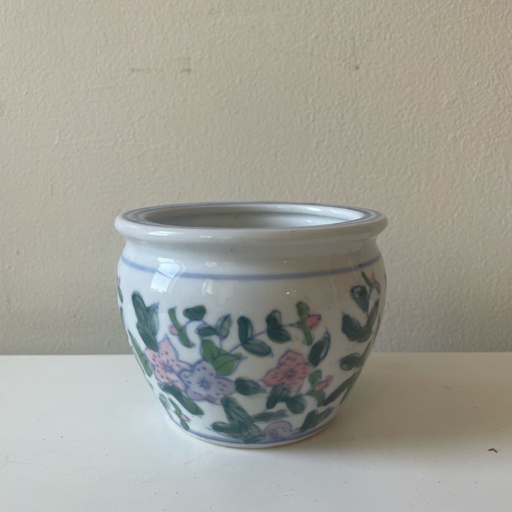 SOLD Vintage Chinese White Floral porcelain Planter with Pink and Green Accents